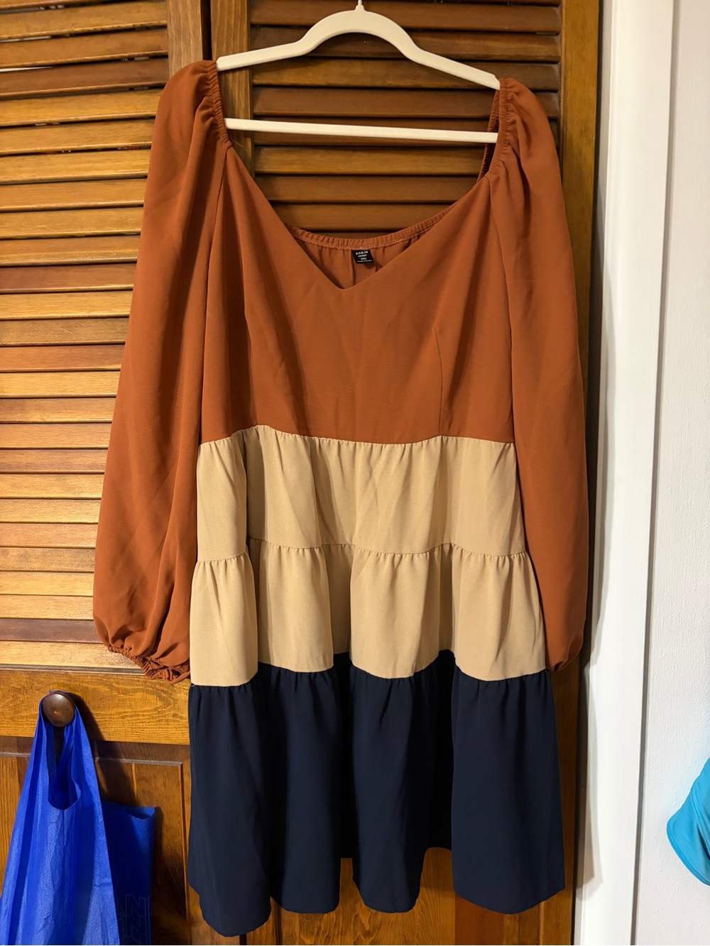 SHEIN Rust, Beige & Black Tiered Long Sleeve Dress